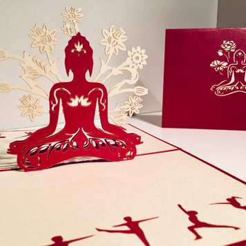Metallic Red Buddha Yoga Origami Pop Cards 3D Pop Up Greeting Card Happy Birthday Thank You Handmade Gift Thinking of You Blank Card for Any Occasion Happy Mother's Day Australiana Celebrate the Beauty of Flower