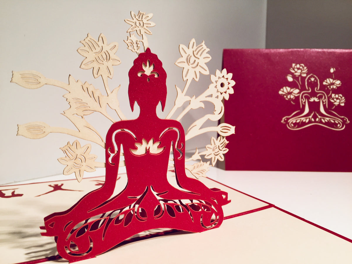 Metallic Red Buddha Yoga Origami Pop Cards 3D Pop Up Greeting Card Happy Birthday Thank You Handmade Gift Thinking of You Blank Card for Any Occasion Happy Mother's Day Australiana Celebrate the Beauty of Flower