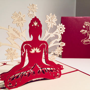 Metallic Red Buddha Yoga Origami Pop Cards 3D Pop Up Greeting Card Happy Birthday Thank You Handmade Gift Thinking of You Blank Card for Any Occasion Happy Mother's Day Australiana Celebrate the Beauty of Flower