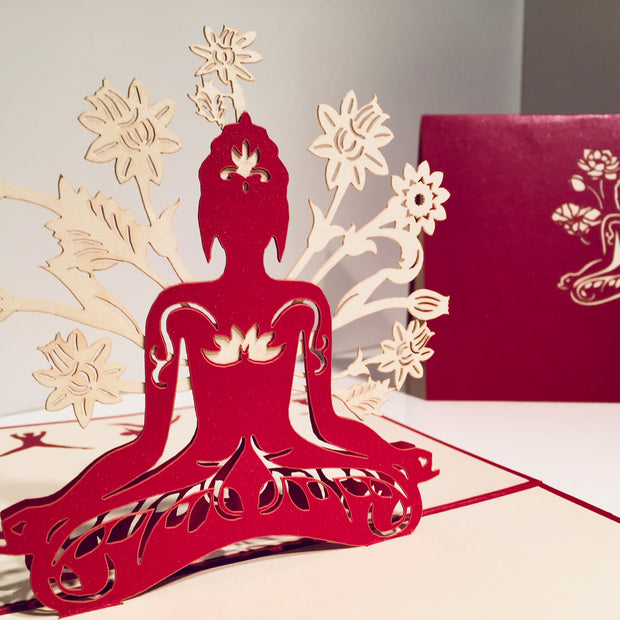 Metallic Red Buddha Yoga Origami Pop Cards 3D Pop Up Greeting Card Happy Birthday Thank You Handmade Gift Thinking of You Blank Card for Any Occasion Happy Mother's Day Australiana Celebrate the Beauty of Flower