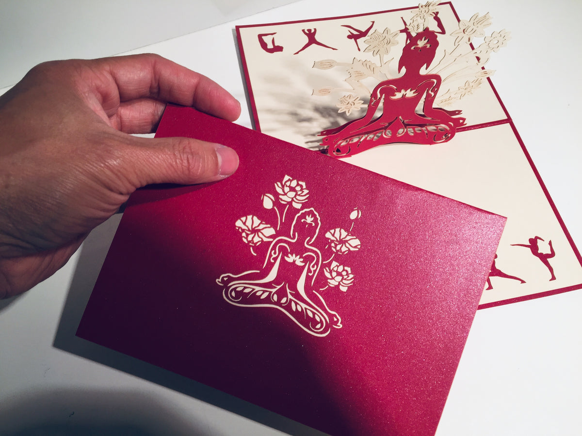 Metallic Red Buddha Yoga Origami Pop Cards 3D Pop Up Greeting Card Happy Birthday Thank You Handmade Gift Thinking of You Blank Card for Any Occasion Happy Mother's Day Australiana Celebrate the Beauty of Flower