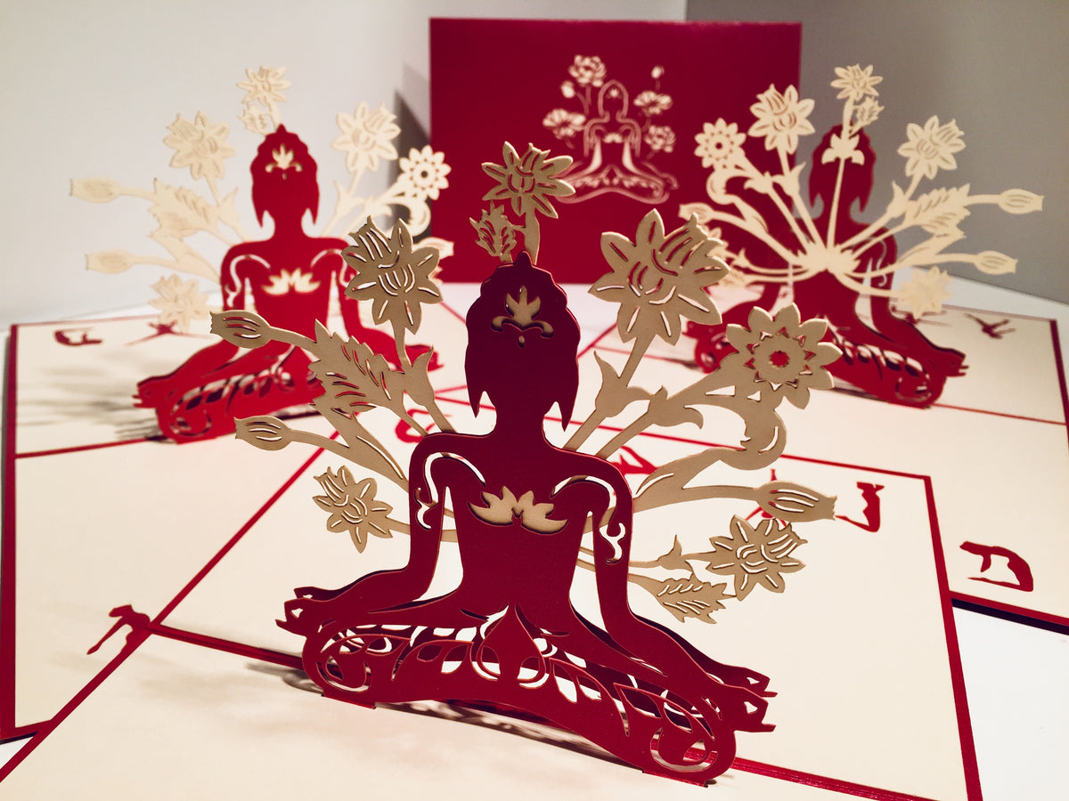 Metallic Red Buddha Yoga Origami Pop Cards 3D Pop Up Greeting Card Happy Birthday Thank You Handmade Gift Thinking of You Blank Card for Any Occasion Happy Mother's Day Australiana Celebrate the Beauty of Flower