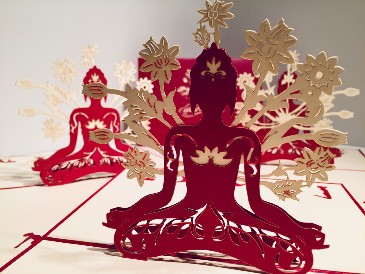 Metallic Red Buddha Yoga Origami Pop Cards 3D Pop Up Greeting Card Happy Birthday Thank You Handmade Gift Thinking of You Blank Card for Any Occasion Happy Mother's Day Australiana Celebrate the Beauty of Flower