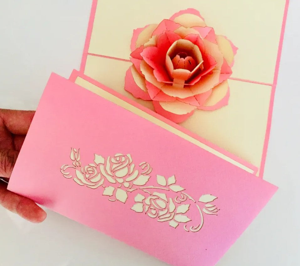 Big Pink & White Rose Card - Origami Pop Cards 3D Pop Up Greeting Card Happy Birthday Thank You Handmade Gift Thinking of You Blank Card for Any Occasion Happy Mother's Day Australiana Celebrate the Beauty
