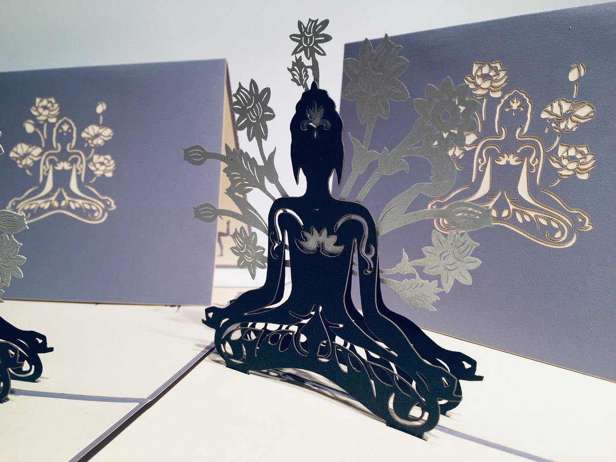 Metallic Silver Grey Buddha Yoga Origami Pop Cards 3D Pop Up Greeting Card Happy Birthday Thank You Handmade Gift Thinking of You Blank Card for Any Occasion Happy Mother's Day Australiana Celebrate the Beauty of Flower