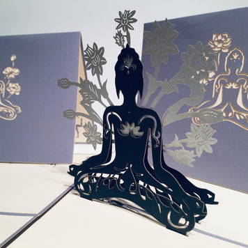 Metallic Silver Grey Buddha Yoga Origami Pop Cards 3D Pop Up Greeting Card Happy Birthday Thank You Handmade Gift Thinking of You Blank Card for Any Occasion Happy Mother's Day Australiana Celebrate the Beauty of Flower