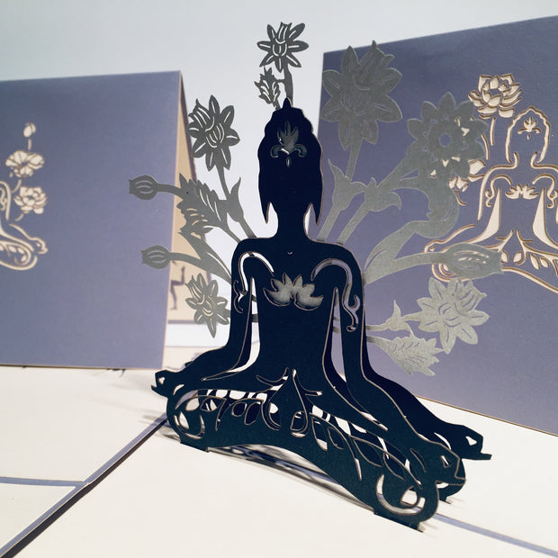 Metallic Silver Grey Buddha Yoga Origami Pop Cards 3D Pop Up Greeting Card Happy Birthday Thank You Handmade Gift Thinking of You Blank Card for Any Occasion Happy Mother's Day Australiana Celebrate the Beauty of Flower