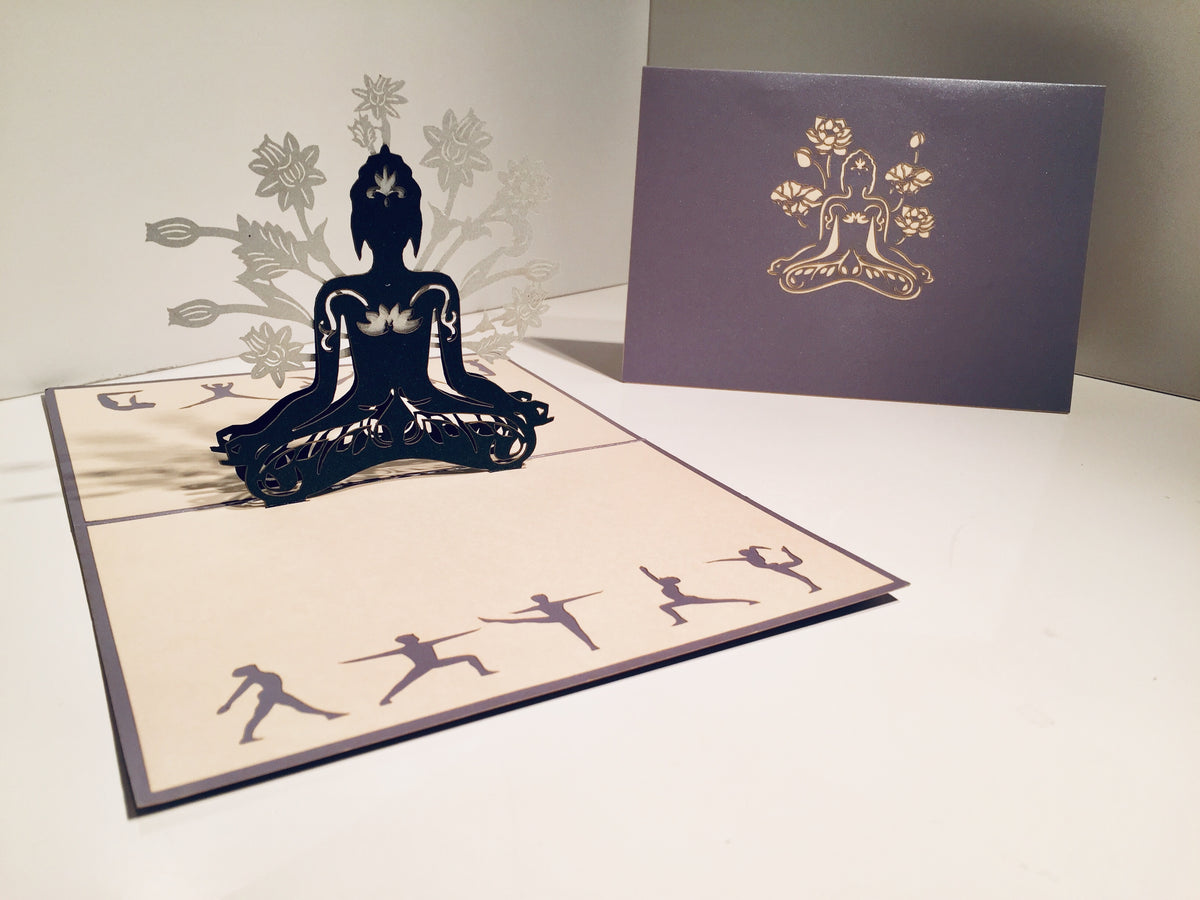 Metallic Silver Grey Buddha Yoga Origami Pop Cards 3D Pop Up Greeting Card Happy Birthday Thank You Handmade Gift Thinking of You Blank Card for Any Occasion Happy Mother's Day Australiana Celebrate the Beauty of Flower