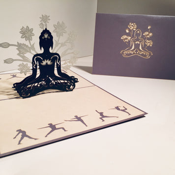Metallic Silver Grey Buddha Yoga Origami Pop Cards 3D Pop Up Greeting Card Happy Birthday Thank You Handmade Gift Thinking of You Blank Card for Any Occasion Happy Mother's Day Australiana Celebrate the Beauty of Flower