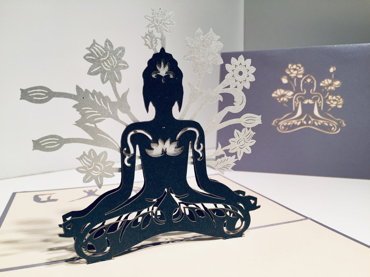 Metallic Silver Grey Buddha Yoga Origami Pop Cards 3D Pop Up Greeting Card Happy Birthday Thank You Handmade Gift Thinking of You Blank Card for Any Occasion Happy Mother's Day Australiana Celebrate the Beauty of Flower