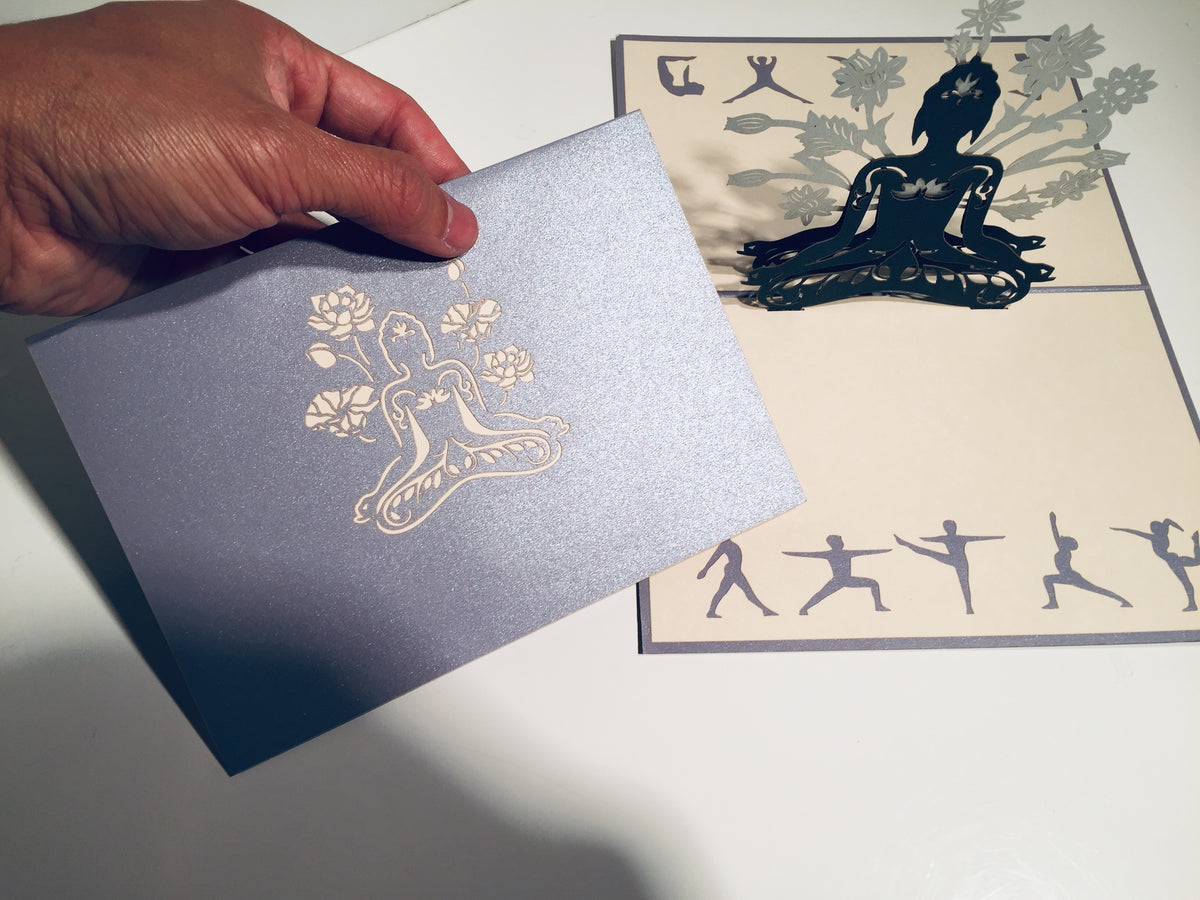 Metallic Silver Grey Buddha Yoga Origami Pop Cards 3D Pop Up Greeting Card Happy Birthday Thank You Handmade Gift Thinking of You Blank Card for Any Occasion Happy Mother's Day Australiana Celebrate the Beauty of Flower