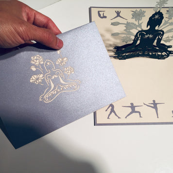 Metallic Silver Grey Buddha Yoga Origami Pop Cards 3D Pop Up Greeting Card Happy Birthday Thank You Handmade Gift Thinking of You Blank Card for Any Occasion Happy Mother's Day Australiana Celebrate the Beauty of Flower