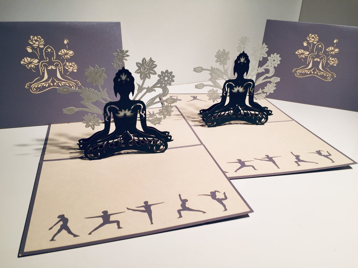 Metallic Silver Grey Buddha Yoga Origami Pop Cards 3D Pop Up Greeting Card Happy Birthday Thank You Handmade Gift Thinking of You Blank Card for Any Occasion Happy Mother's Day Australiana Celebrate the Beauty of Flower