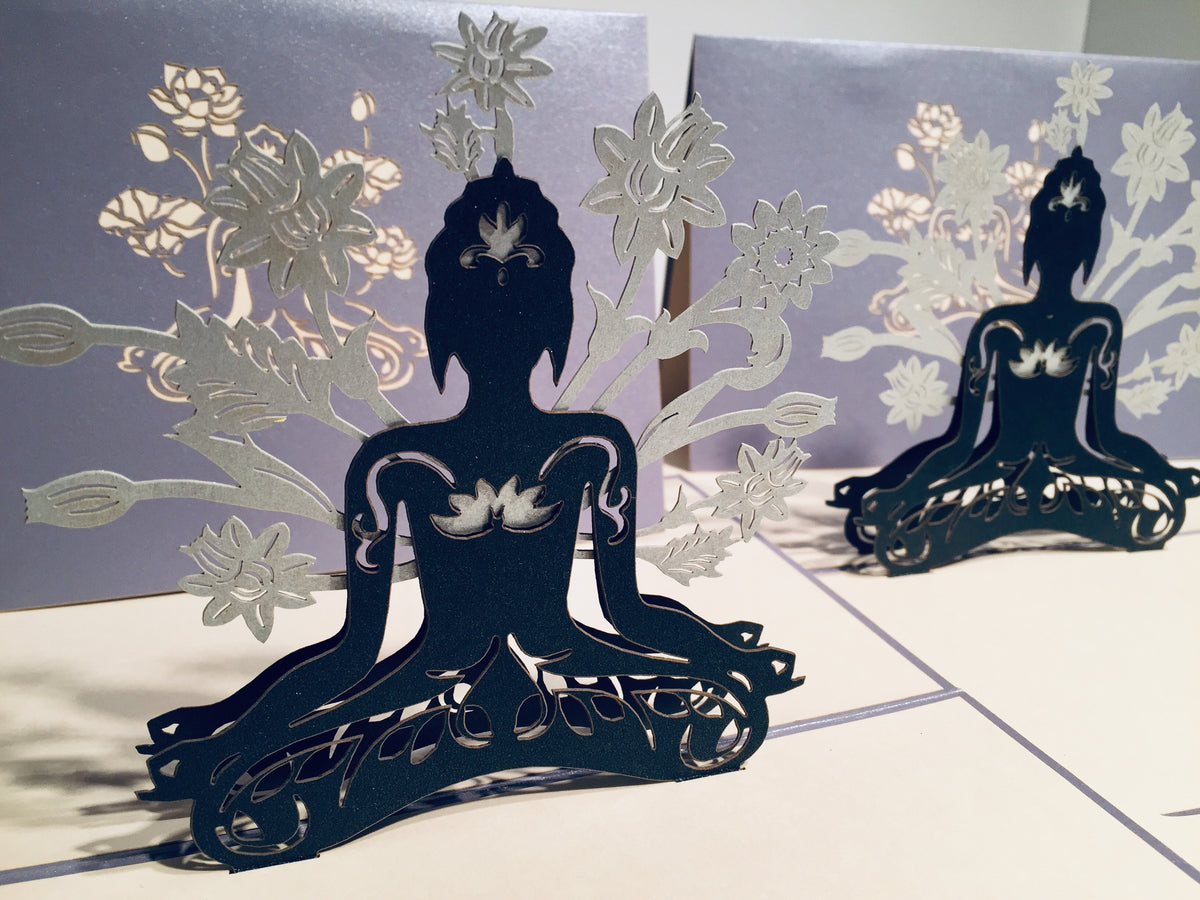 Metallic Silver Grey Buddha Yoga Origami Pop Cards 3D Pop Up Greeting Card Happy Birthday Thank You Handmade Gift Thinking of You Blank Card for Any Occasion Happy Mother's Day Australiana Celebrate the Beauty of Flower