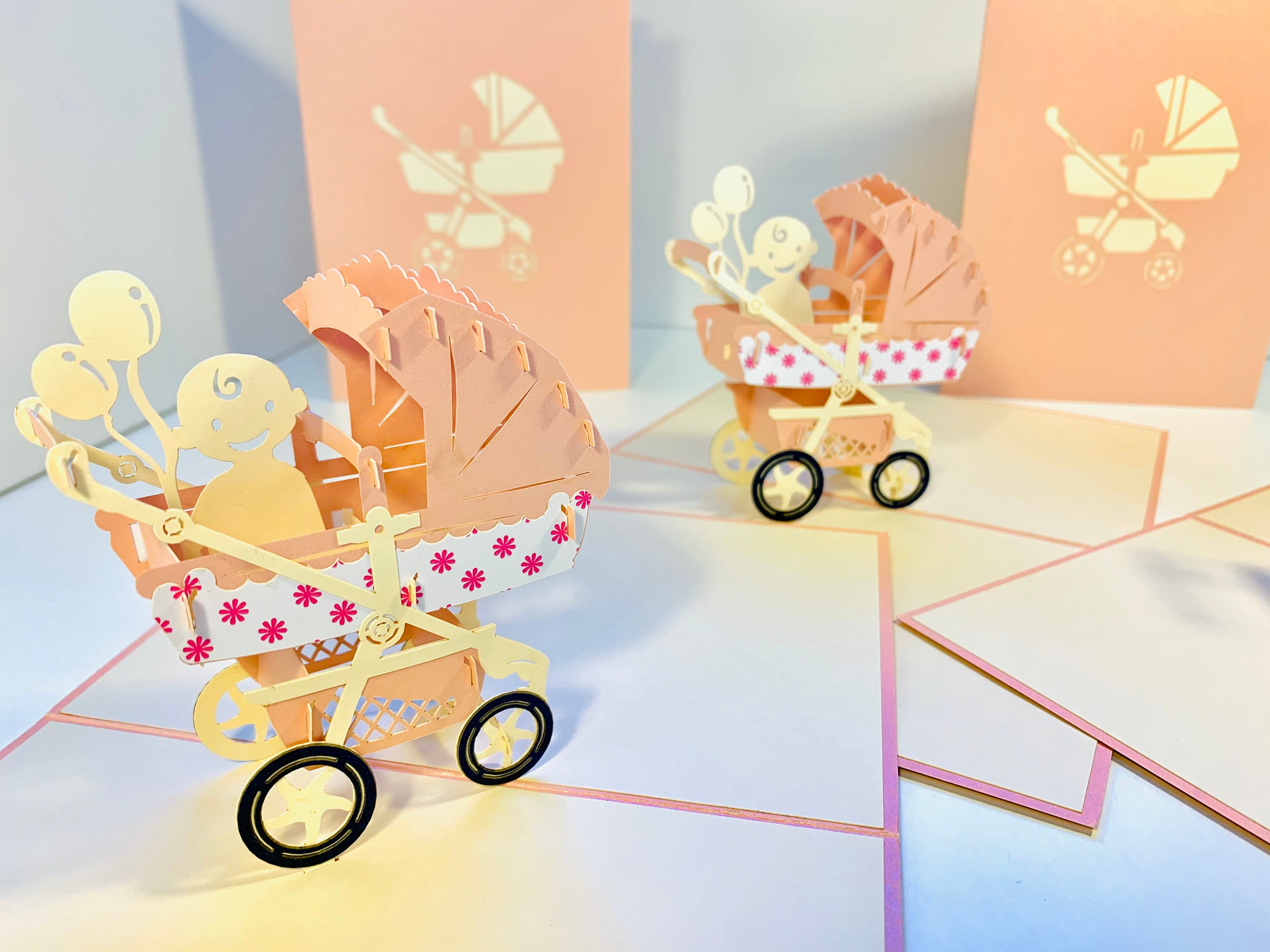 Small Super Cute Baby Carriage Pram in Pink Origami Pop Cards 3D Pop Up Greeting Card Happy Birthday Thank You Handmade Gift Thinking of You Blank Card for Any Occasion Happy Mother's Day Happy Newborn Baby Celebrate New Life