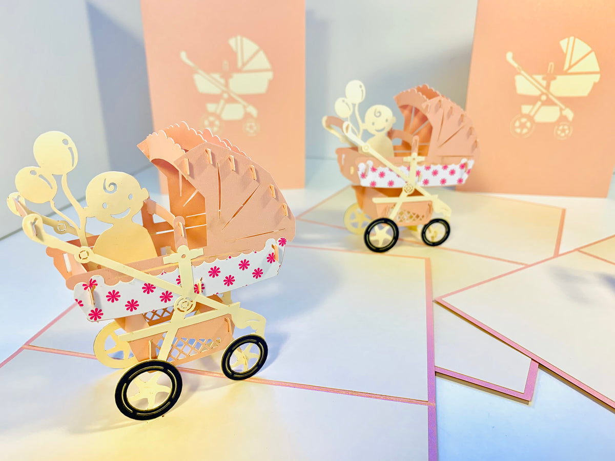 Small Super Cute Baby Carriage Pram in Pink Pop Origami Pop Cards 3D Pop Up Greeting Card Happy Birthday Thank You Handmade Gift Thinking of You Blank Card for Any Occasion Happy Mother's Day Australiana Celebrate