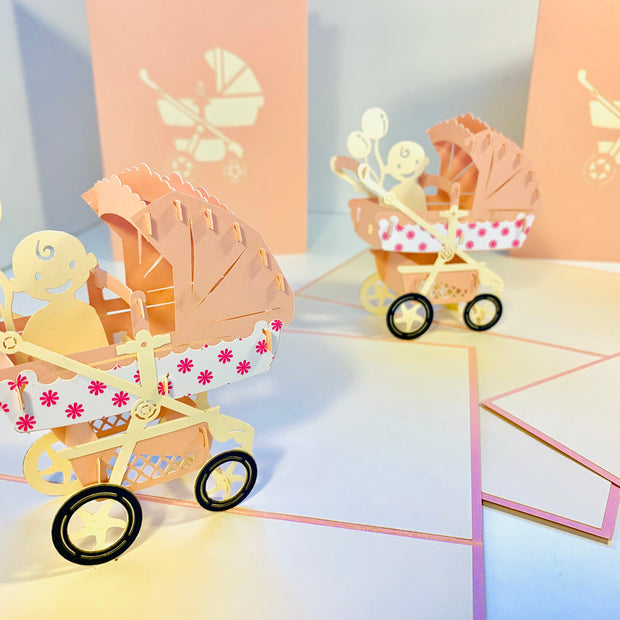 Small Super Cute Baby Carriage Pram in Pink Origami Pop Cards 3D Pop Up Greeting Card Happy Birthday Thank You Handmade Gift Thinking of You Blank Card for Any Occasion Happy Mother's Day Happy Newborn Baby Celebrate New Life
