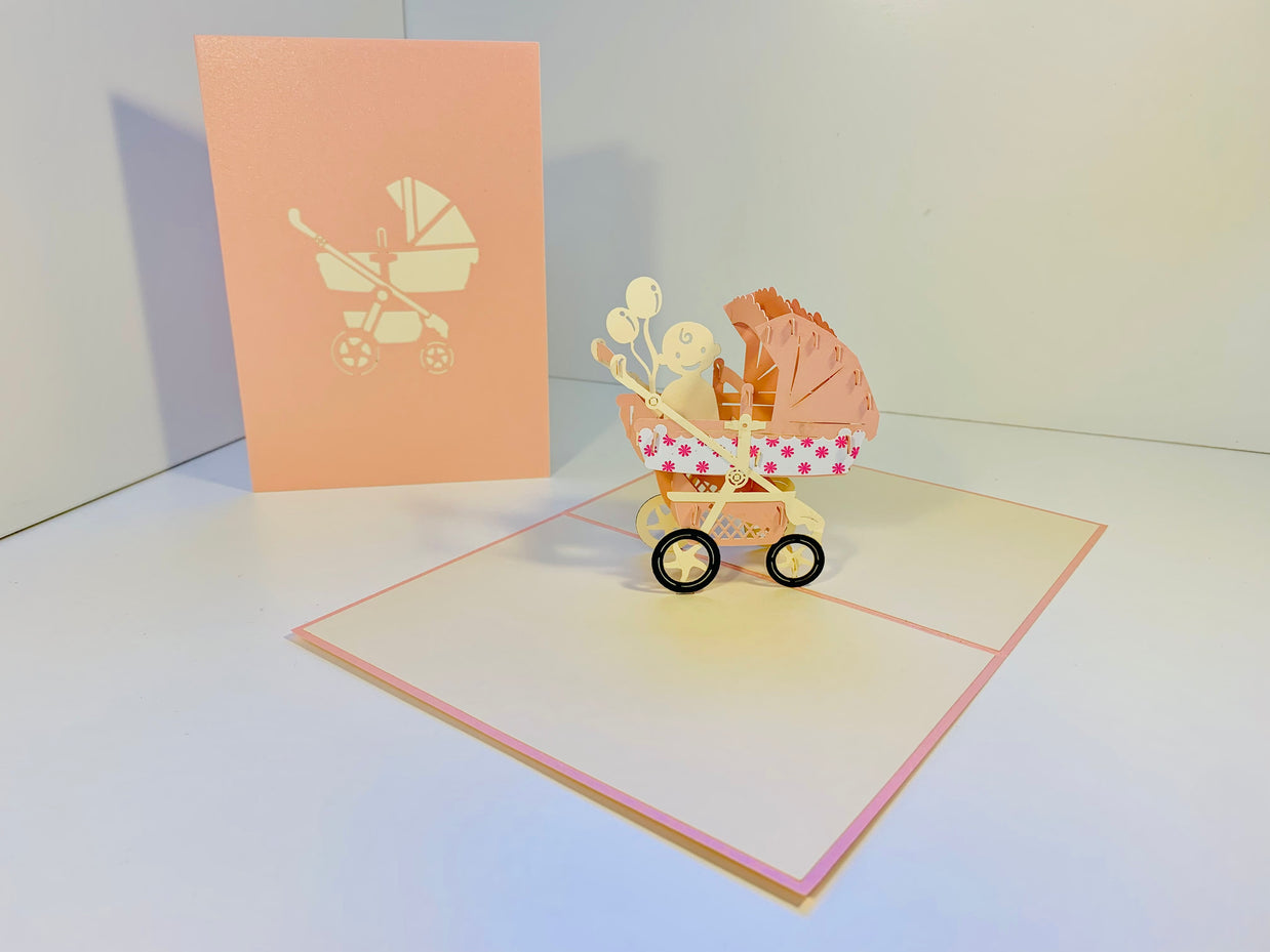 Small Super Cute Baby Carriage Pram in Pink Origami Pop Cards 3D Pop Up Greeting Card Happy Birthday Thank You Handmade Gift Thinking of You Blank Card for Any Occasion Happy Mother's Day Happy Newborn Baby Celebrate New Life