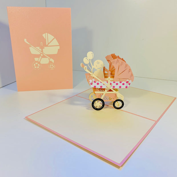 Small Super Cute Baby Carriage Pram in Pink Origami Pop Cards 3D Pop Up Greeting Card Happy Birthday Thank You Handmade Gift Thinking of You Blank Card for Any Occasion Happy Mother's Day Happy Newborn Baby Celebrate New Life