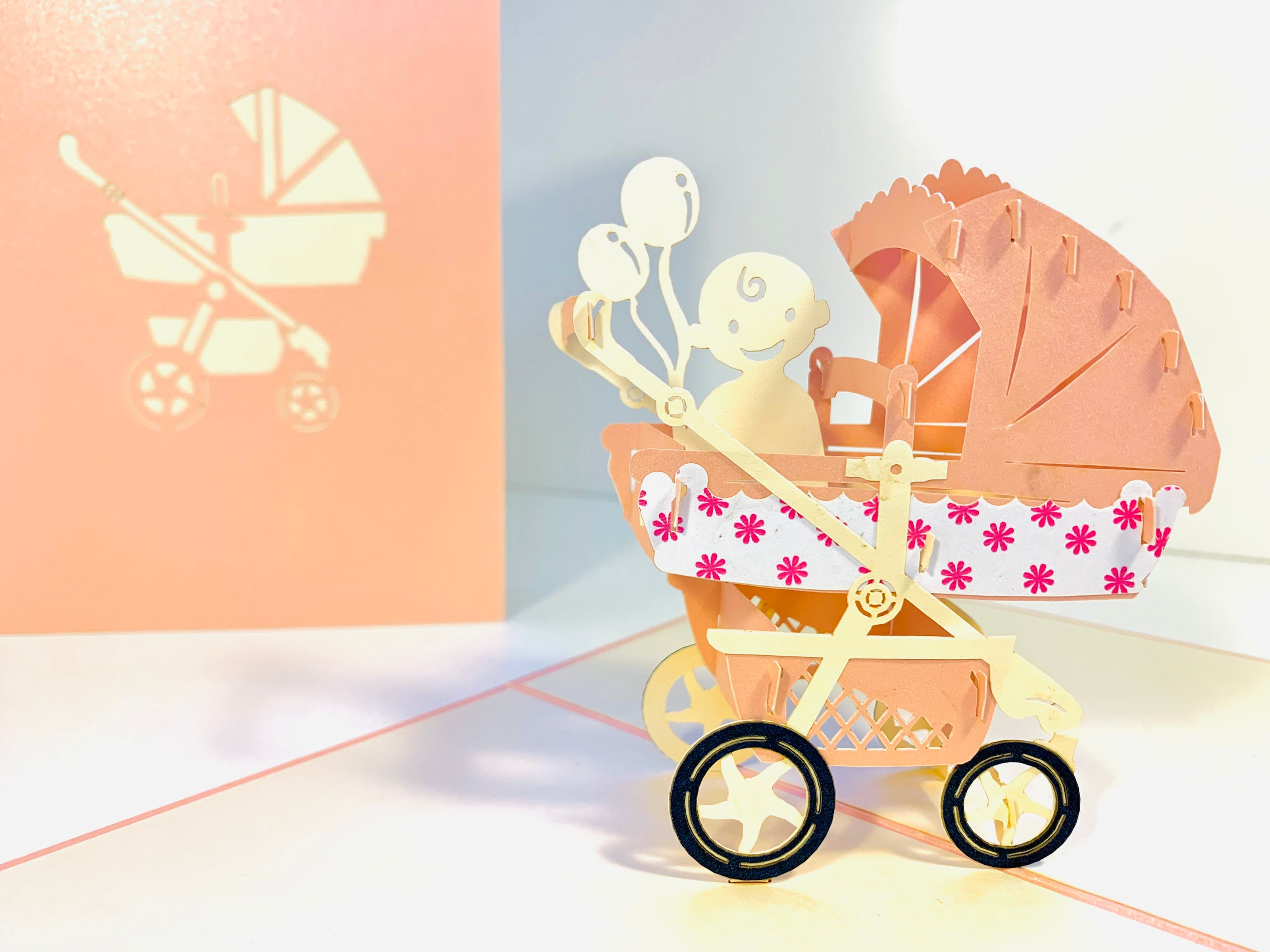 Small Super Cute Baby Carriage Pram in Pink Origami Pop Cards 3D Pop Up Greeting Card Happy Birthday Thank You Handmade Gift Thinking of You Blank Card for Any Occasion Happy Mother's Day Happy Newborn Baby Celebrate New Life