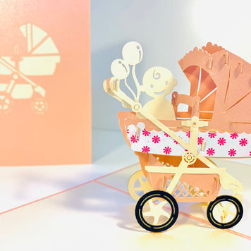 Small Super Cute Baby Carriage Pram in Pink Origami Pop Cards 3D Pop Up Greeting Card Happy Birthday Thank You Handmade Gift Thinking of You Blank Card for Any Occasion Happy Mother's Day Happy Newborn Baby Celebrate New Life
