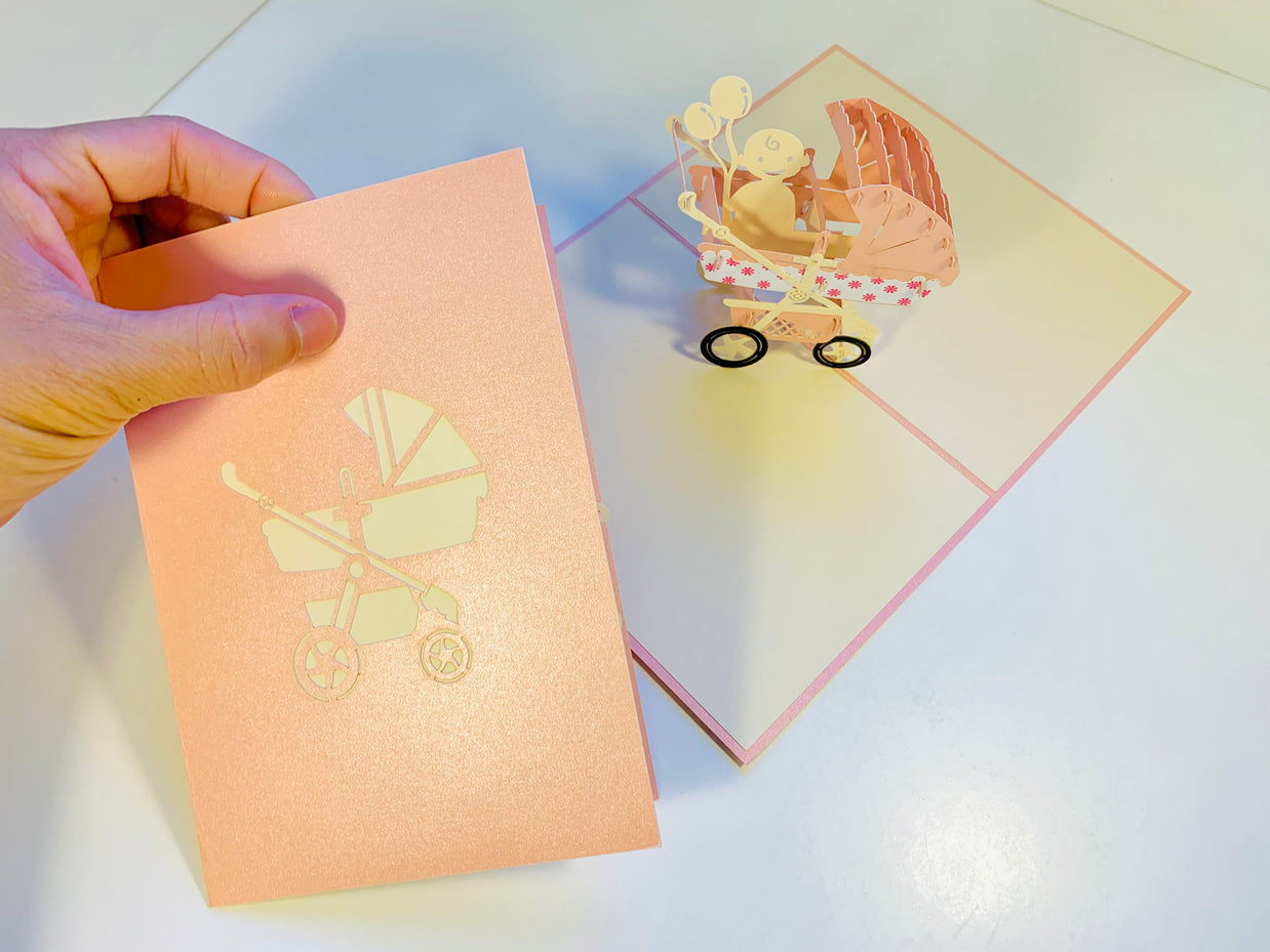 Small Super Cute Baby Carriage Pram in Pink Origami Pop Cards 3D Pop Up Greeting Card Happy Birthday Thank You Handmade Gift Thinking of You Blank Card for Any Occasion Happy Mother's Day Happy Newborn Baby Celebrate New Life