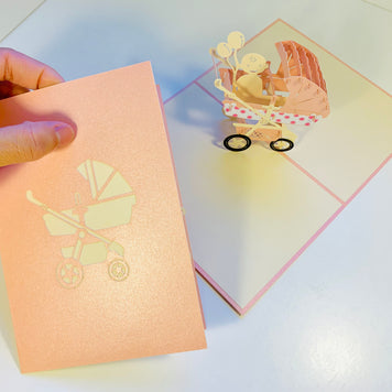Small Super Cute Baby Carriage Pram in Pink Origami Pop Cards 3D Pop Up Greeting Card Happy Birthday Thank You Handmade Gift Thinking of You Blank Card for Any Occasion Happy Mother's Day Happy Newborn Baby Celebrate New Life