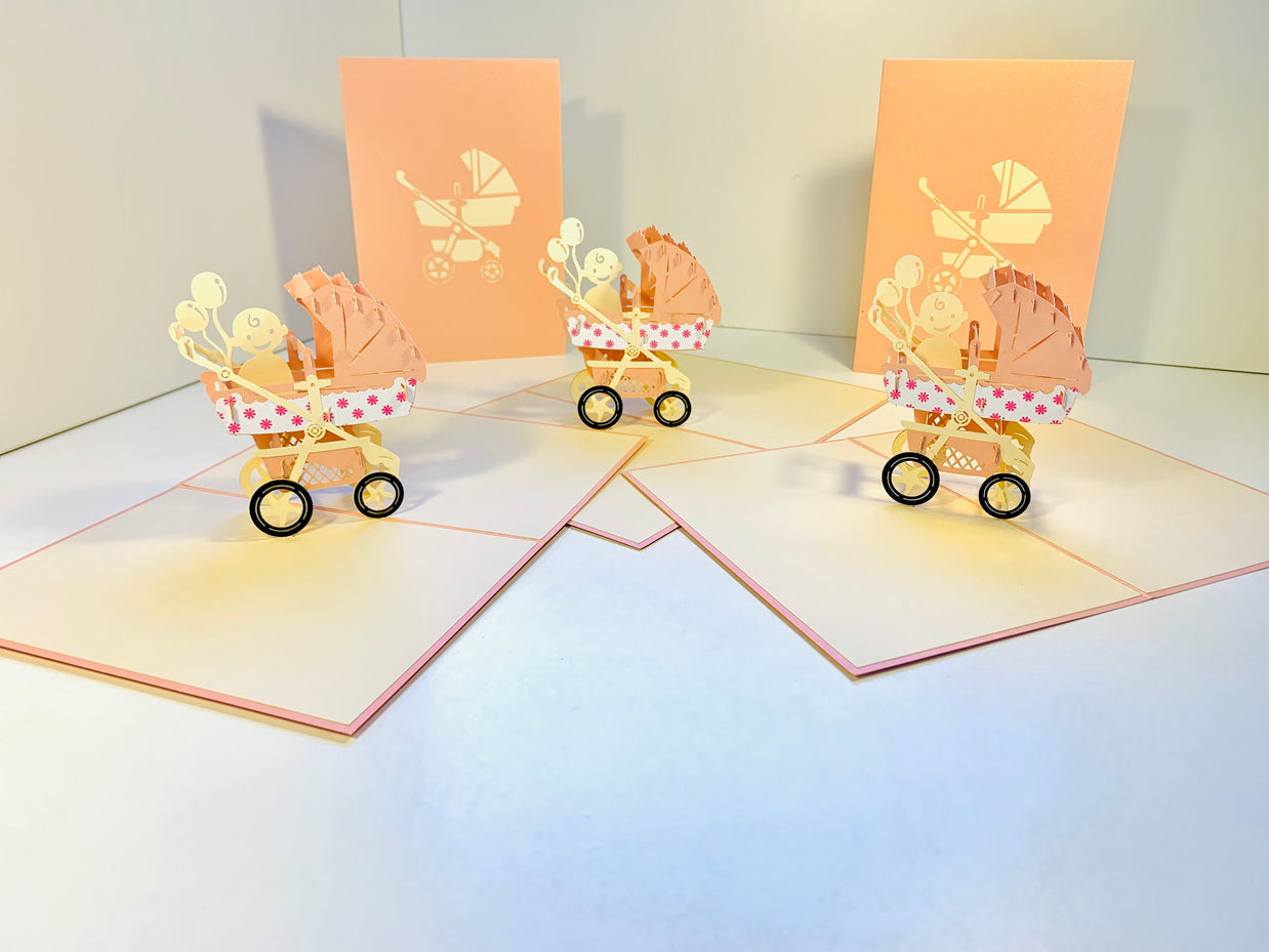 Small Super Cute Baby Carriage Pram in Pink Origami Pop Cards 3D Pop Up Greeting Card Happy Birthday Thank You Handmade Gift Thinking of You Blank Card for Any Occasion Happy Mother's Day Happy Newborn Baby Celebrate New Life