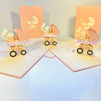 Small Super Cute Baby Carriage Pram in Pink Origami Pop Cards 3D Pop Up Greeting Card Happy Birthday Thank You Handmade Gift Thinking of You Blank Card for Any Occasion Happy Mother's Day Happy Newborn Baby Celebrate New Life