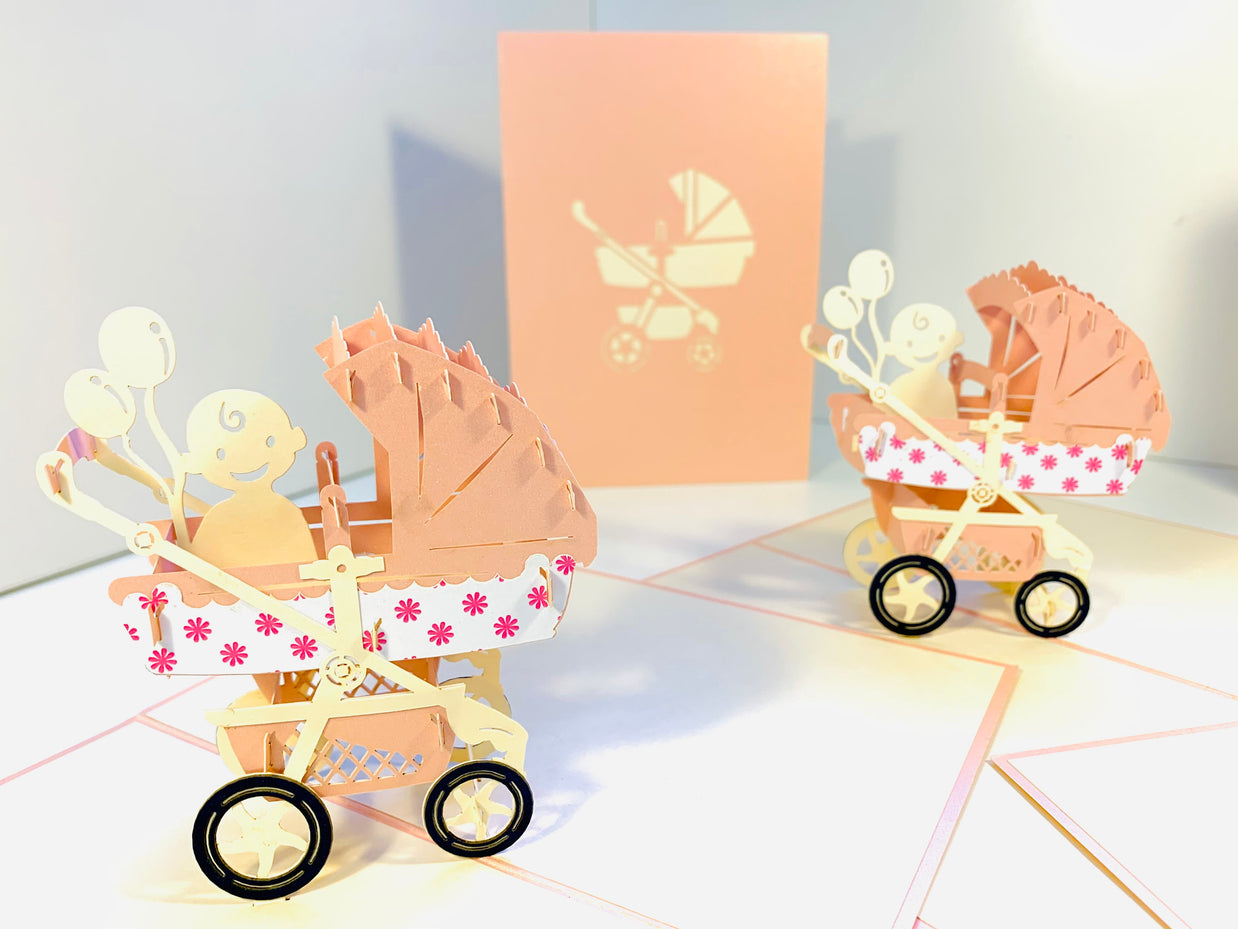 Small Super Cute Baby Carriage Pram in Pink Origami Pop Cards 3D Pop Up Greeting Card Happy Birthday Thank You Handmade Gift Thinking of You Blank Card for Any Occasion Happy Mother's Day Happy Newborn Baby Celebrate New Life