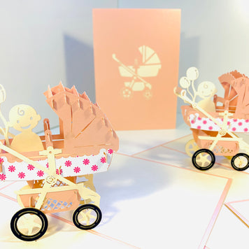 Small Super Cute Baby Carriage Pram in Pink Origami Pop Cards 3D Pop Up Greeting Card Happy Birthday Thank You Handmade Gift Thinking of You Blank Card for Any Occasion Happy Mother's Day Happy Newborn Baby Celebrate New Life