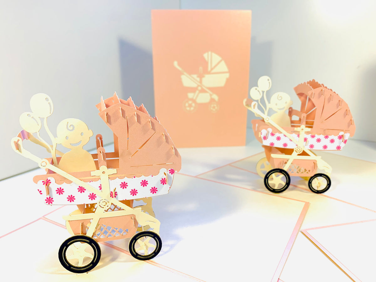 Small Super Cute Baby Carriage Pram in Pink Pop Origami Pop Cards 3D Pop Up Greeting Card Happy Birthday Thank You Handmade Gift Thinking of You Blank Card for Any Occasion Happy Mother's Day Australiana Celebrate