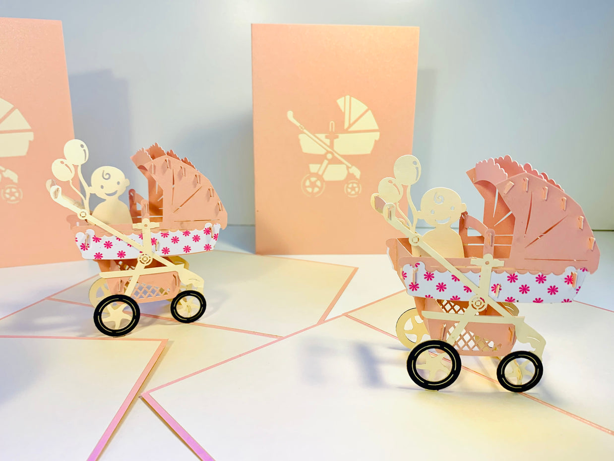 Small Super Cute Baby Carriage Pram in Pink Origami Pop Cards 3D Pop Up Greeting Card Happy Birthday Thank You Handmade Gift Thinking of You Blank Card for Any Occasion Happy Mother's Day Happy Newborn Baby Celebrate New Life
