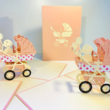 Small Super Cute Baby Carriage Pram in Pink Origami Pop Cards 3D Pop Up Greeting Card Happy Birthday Thank You Handmade Gift Thinking of You Blank Card for Any Occasion Happy Mother's Day Happy Newborn Baby Celebrate New Life