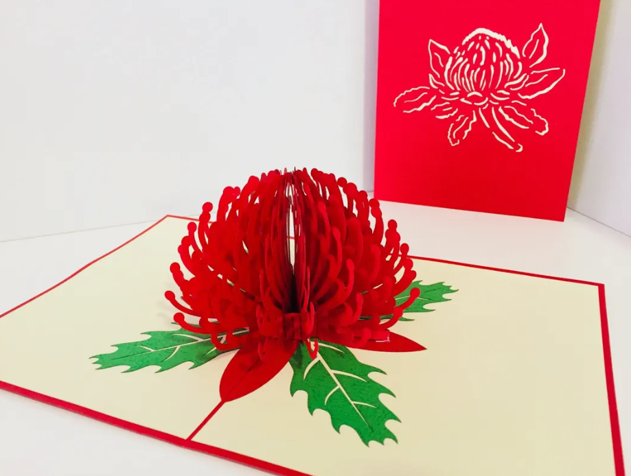 Waratah Australian Native Flower in Red Origami Pop Cards 3D Pop Up Greeting Card Happy Birthday Thank You Handmade Gift Thinking of You Blank Card for Any Occasion Happy Mother's Day Australiana Celebrate the Beauty of Flower