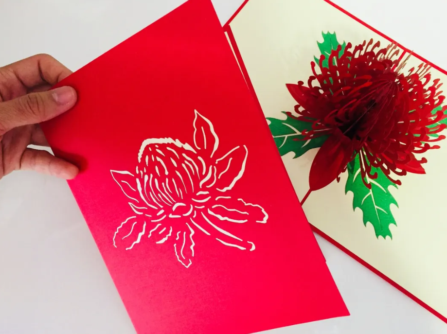 Waratah Australian Native Flower in Red Origami Pop Cards 3D Pop Up Greeting Card Happy Birthday Thank You Handmade Gift Thinking of You Blank Card for Any Occasion Happy Mother's Day Australiana Celebrate the Beauty of Flower