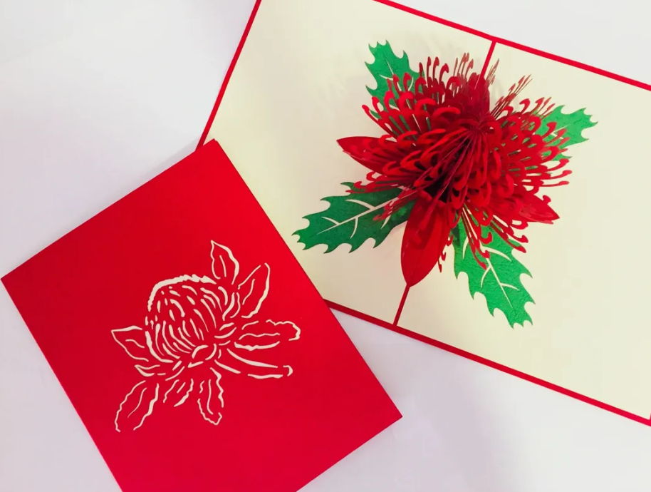 Waratah Australian Native Flower in Red Origami Pop Cards 3D Pop Up Greeting Card Happy Birthday Thank You Handmade Gift Thinking of You Blank Card for Any Occasion Happy Mother's Day Australiana Celebrate the Beauty of Flower