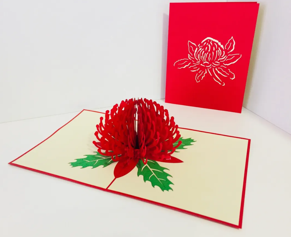 Waratah Australian Native Flower in Red Origami Pop Cards 3D Pop Up Greeting Card Happy Birthday Thank You Handmade Gift Thinking of You Blank Card for Any Occasion Happy Mother's Day Australiana Celebrate the Beauty of Flower