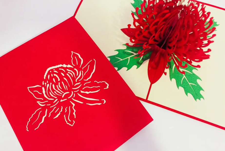 Waratah Australian Native Flower in Red Origami Pop Cards 3D Pop Up Greeting Card Happy Birthday Thank You Handmade Gift Thinking of You Blank Card for Any Occasion Happy Mother's Day Australiana Celebrate the Beauty of Flower