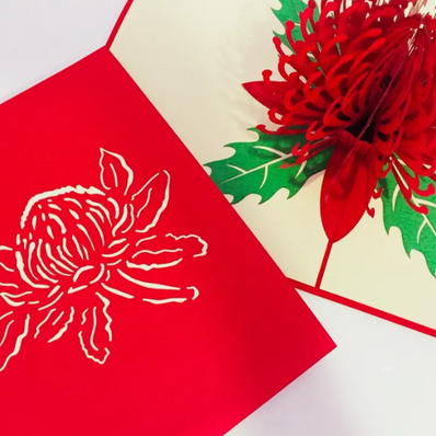 Waratah Australian Native Flower in Red Origami Pop Cards 3D Pop Up Greeting Card Happy Birthday Thank You Handmade Gift Thinking of You Blank Card for Any Occasion Happy Mother's Day Australiana Celebrate the Beauty of Flower