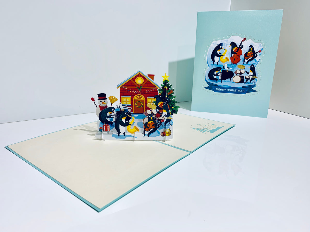 Snowman & Penguin Rockin' Around the Christmas Tree Origami Pop Cards 3D Pop Up Greeting Card Merry Christmas Thank You Handmade Best Wishes Blank Card Gift Happy Holidays Celebrate the Special Day