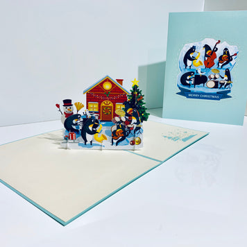 Snowman & Penguin Rockin' Around the Christmas Tree Origami Pop Cards 3D Pop Up Greeting Card Merry Christmas Thank You Handmade Best Wishes Blank Card Gift Happy Holidays Celebrate the Special Day