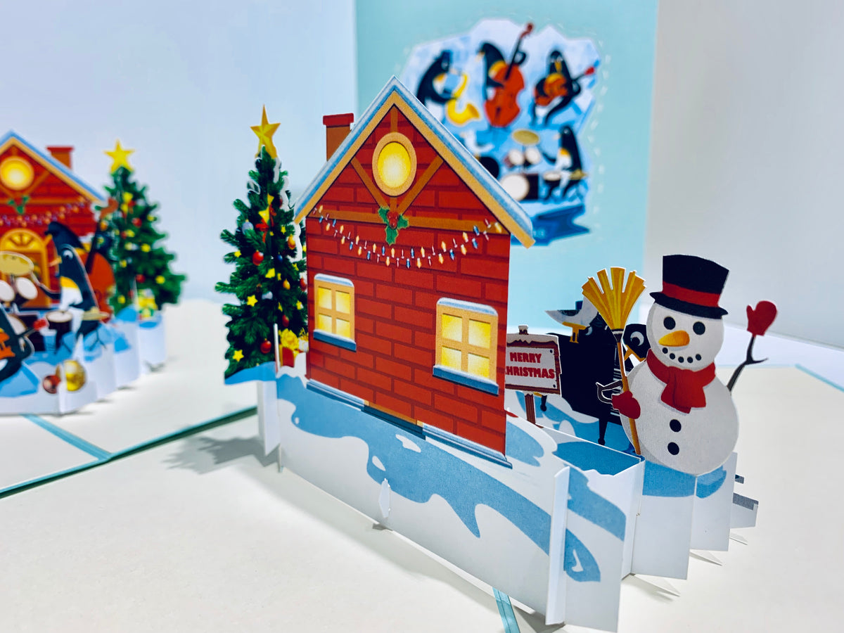 Snowman & Penguin Rockin' Around the Christmas Tree Origami Pop Cards 3D Pop Up Greeting Card Merry Christmas Thank You Handmade Best Wishes Blank Card Gift Happy Holidays Celebrate the Special Day