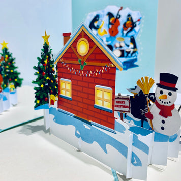 Snowman & Penguin Rockin' Around the Christmas Tree Origami Pop Cards 3D Pop Up Greeting Card Merry Christmas Thank You Handmade Best Wishes Blank Card Gift Happy Holidays Celebrate the Special Day