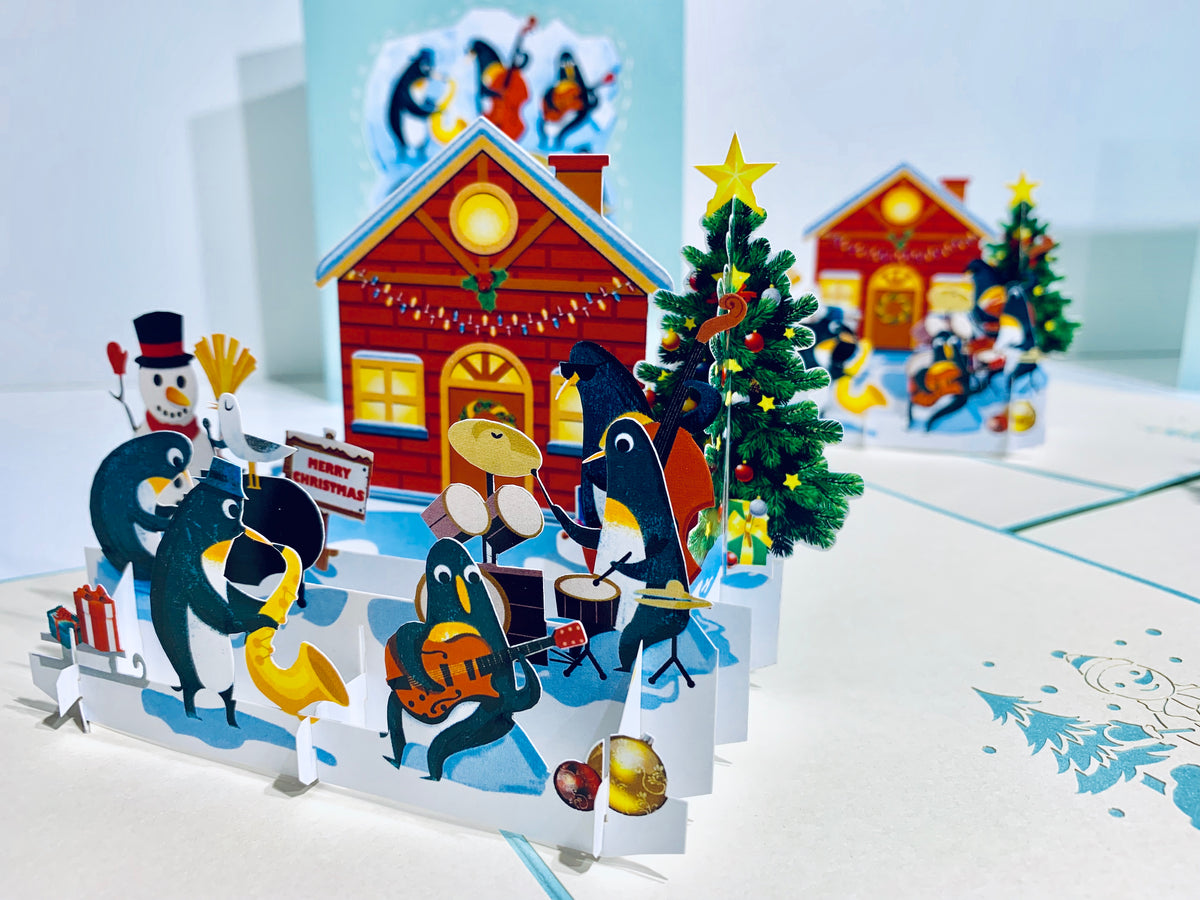 Snowman & Penguin Rockin' Around the Christmas Tree Origami Pop Cards 3D Pop Up Greeting Card Merry Christmas Thank You Handmade Best Wishes Blank Card Gift Happy Holidays Celebrate the Special Day
