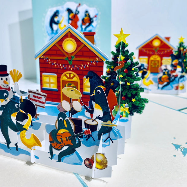 Snowman & Penguin Rockin' Around the Christmas Tree Origami Pop Cards 3D Pop Up Greeting Card Merry Christmas Thank You Handmade Best Wishes Blank Card Gift Happy Holidays Celebrate the Special Day