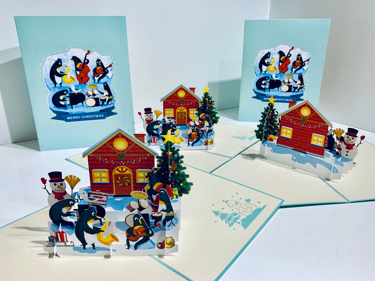 Snowman & Penguin Rockin' Around the Christmas Tree Origami Pop Cards 3D Pop Up Greeting Card Merry Christmas Thank You Handmade Best Wishes Blank Card Gift Happy Holidays Celebrate the Special Day