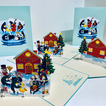 Snowman & Penguin Rockin' Around the Christmas Tree Origami Pop Cards 3D Pop Up Greeting Card Merry Christmas Thank You Handmade Best Wishes Blank Card Gift Happy Holidays Celebrate the Special Day