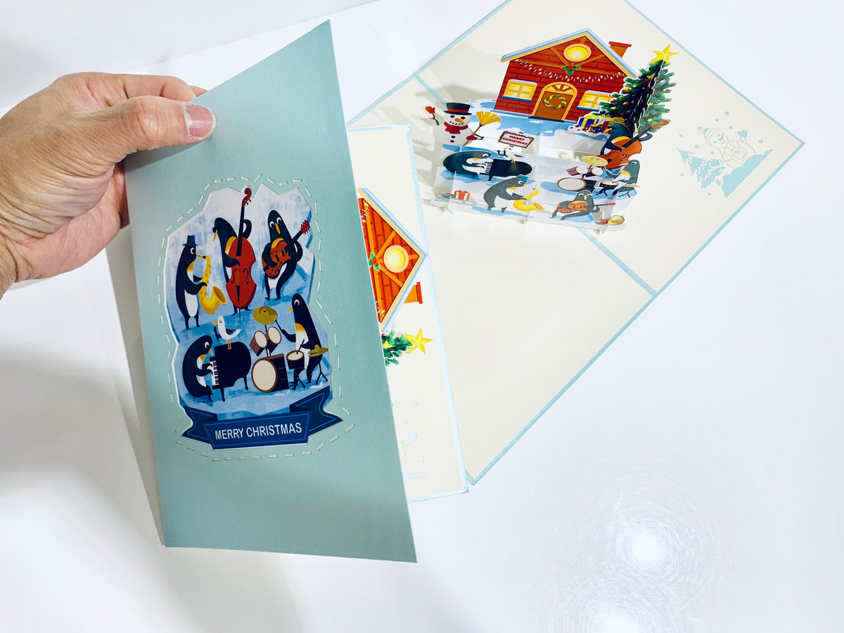 Snowman & Penguin Rockin' Around the Christmas Tree Origami Pop Cards 3D Pop Up Greeting Card Merry Christmas Thank You Handmade Best Wishes Blank Card Gift Happy Holidays Celebrate the Special Day