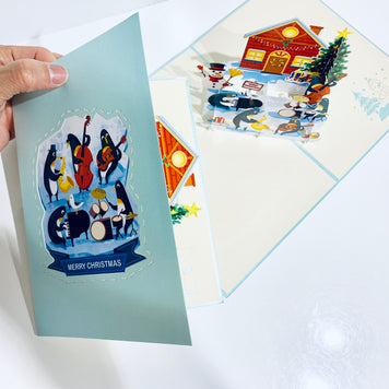 Snowman & Penguin Rockin' Around the Christmas Tree Origami Pop Cards 3D Pop Up Greeting Card Merry Christmas Thank You Handmade Best Wishes Blank Card Gift Happy Holidays Celebrate the Special Day